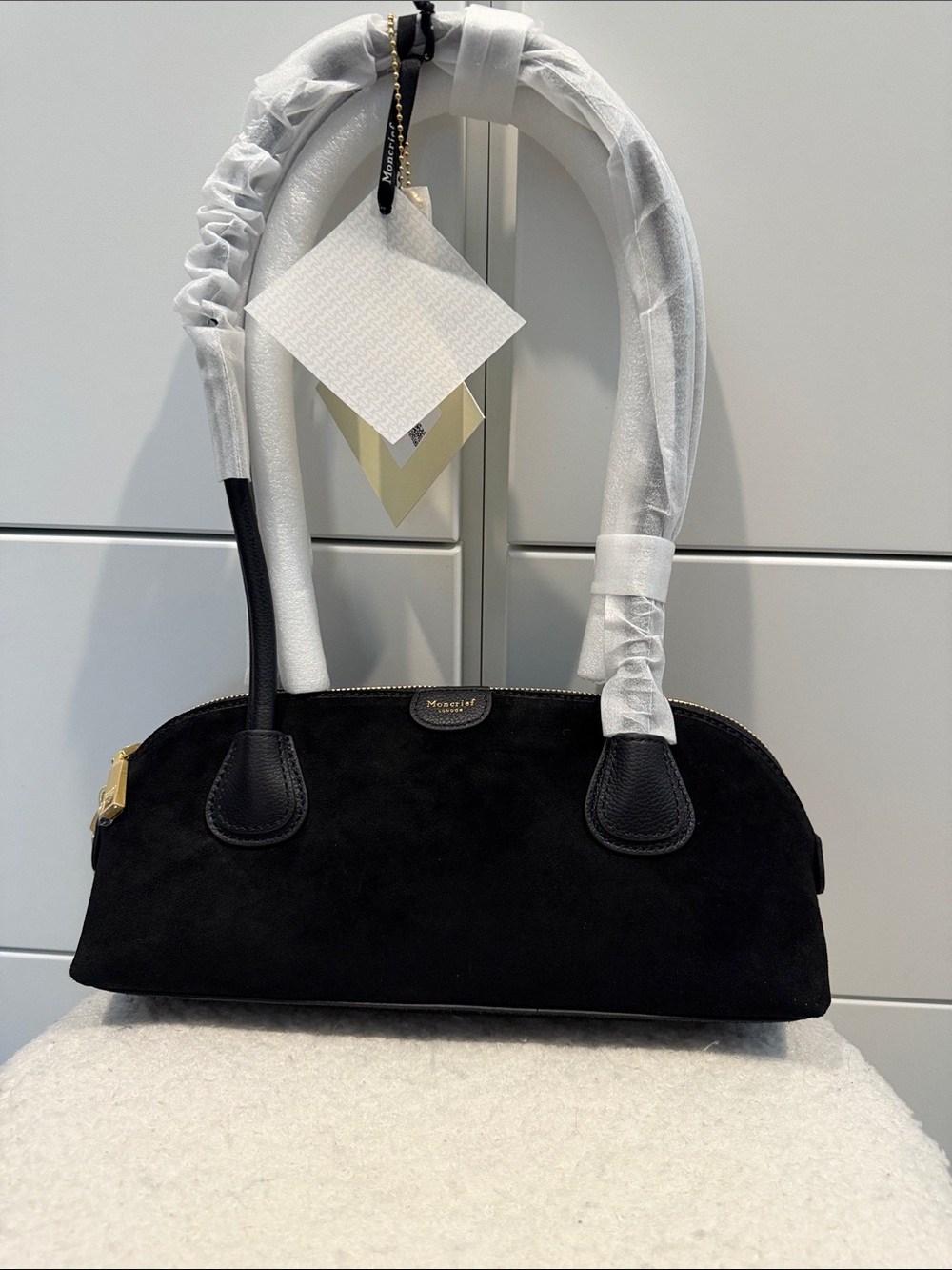 Black Suede Dome Shoulder Bag with Gold Hardware